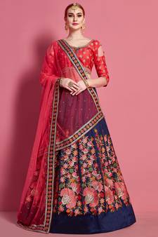 Navy-blue embroidered silk semi stitched wedding & party lehenga