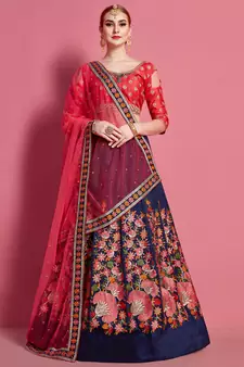Navy-blue embroidered silk semi stitched wedding & party lehenga