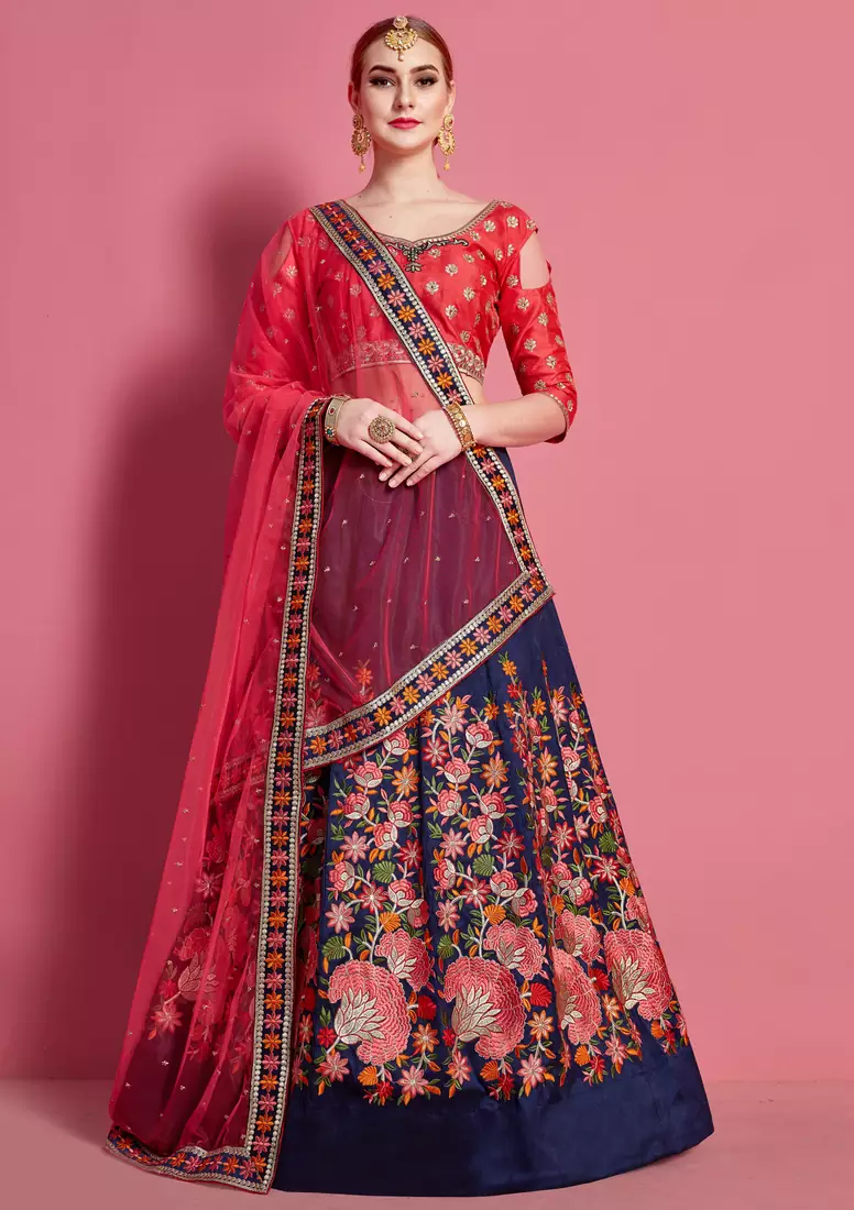 Navy-blue embroidered silk semi stitched wedding & party lehenga