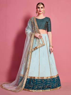 Sea-green zari and sequins embroidered art Silk Semi Stitched wedding Lehenga 1