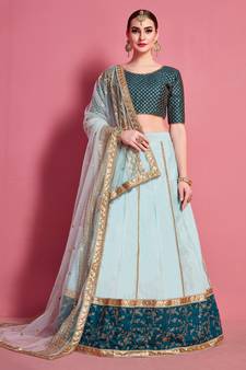 Sea-green embroidered art silk semi stitched wedding lehenga