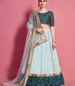 Sea-green zari and sequins embroidered art Silk Semi Stitched wedding Lehenga