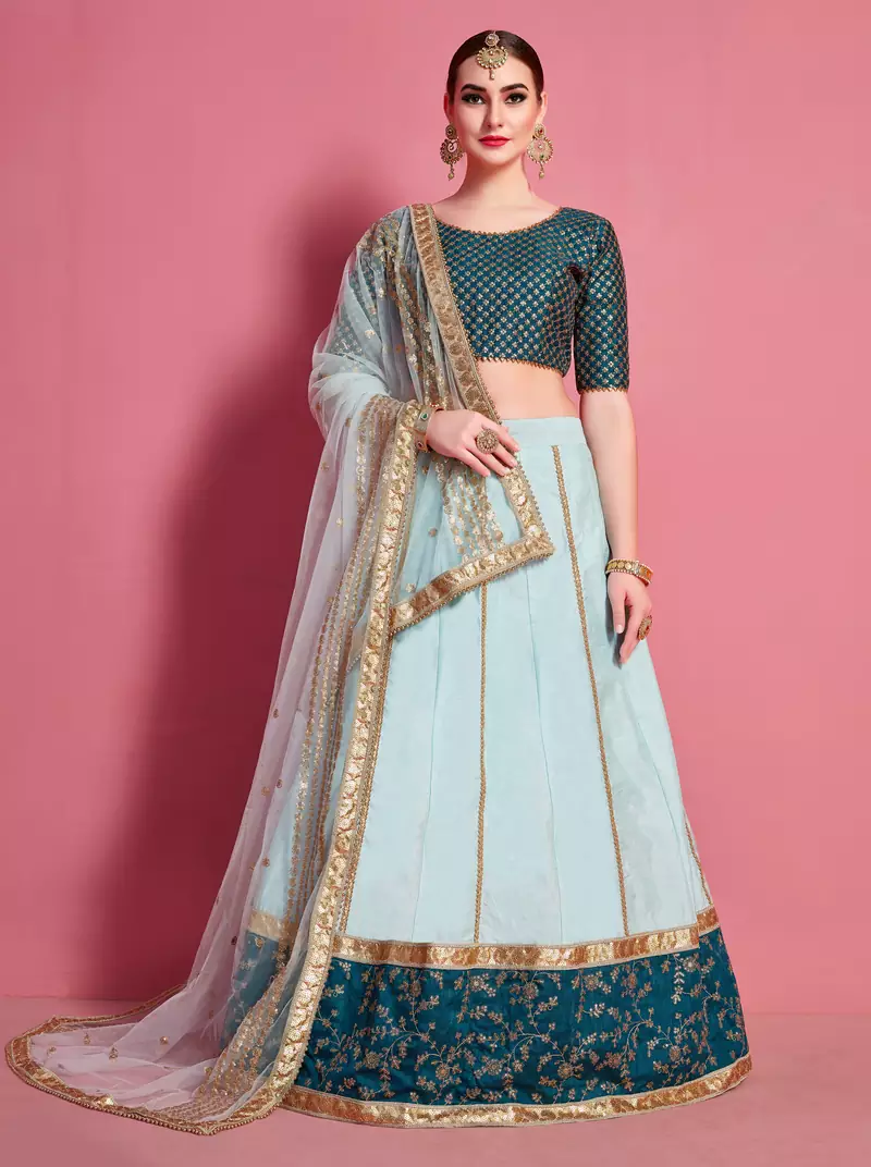 Sea-green embroidered art silk semi stitched wedding lehenga