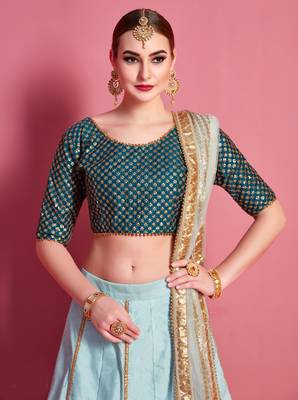 Sea-green zari and sequins embroidered art Silk Semi Stitched wedding Lehenga 2