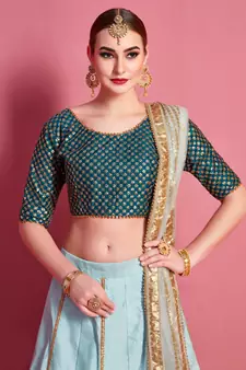 Sea-green zari and sequins embroidered art Silk Semi Stitched wedding Lehenga