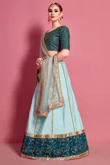 Sea-green zari and sequins embroidered art Silk Semi Stitched wedding Lehenga