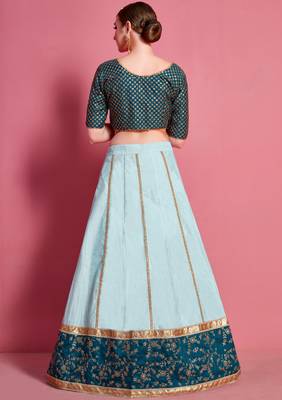 Sea-green zari and sequins embroidered art Silk Semi Stitched wedding Lehenga 4