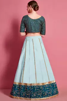 Sea-green zari and sequins embroidered art Silk Semi Stitched wedding Lehenga