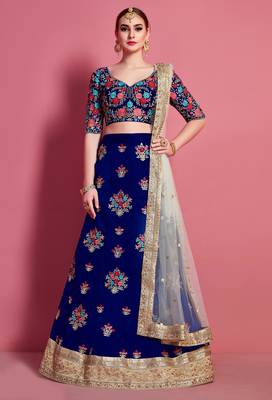 Navy-blue embroidered art silk semi stitched wedding & party lehenga 1