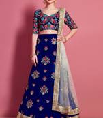 Navy-blue embroidered art silk semi stitched wedding & party lehenga