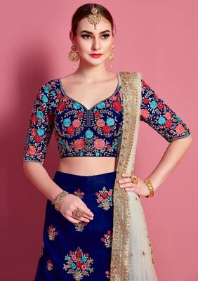 Navy-blue embroidered art silk semi stitched wedding & party lehenga 2