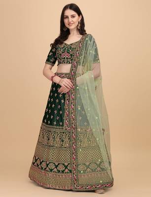 Green Sequins Thread Codding And Zari Embroidered Diamond Satin Silk Lehenga Choli For Bride 1