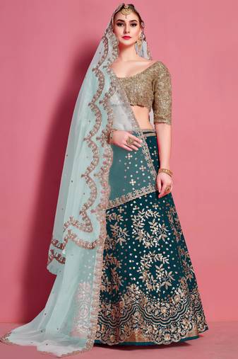 Glamorous Green sequins, thread, codding, and zari Embroidered diamond satin silk lehenga choli for bride