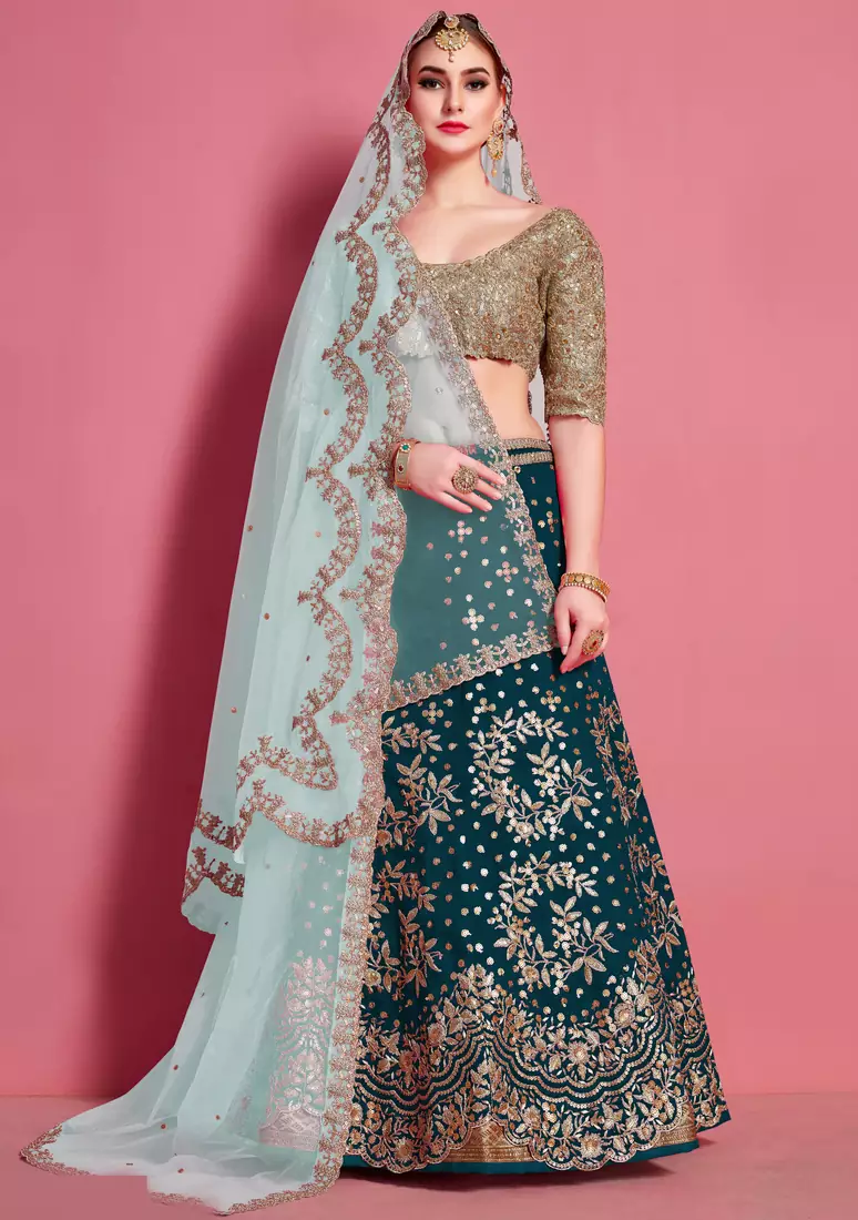 Glamorous Green sequins, thread, codding, and zari Embroidered diamond satin silk lehenga choli for bride