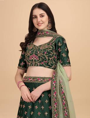 Green Sequins Thread Codding And Zari Embroidered Diamond Satin Silk Lehenga Choli For Bride 2
