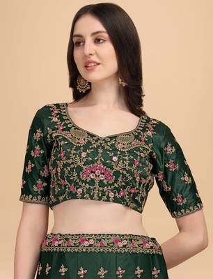 Green Sequins Thread Codding And Zari Embroidered Diamond Satin Silk Lehenga Choli For Bride 3