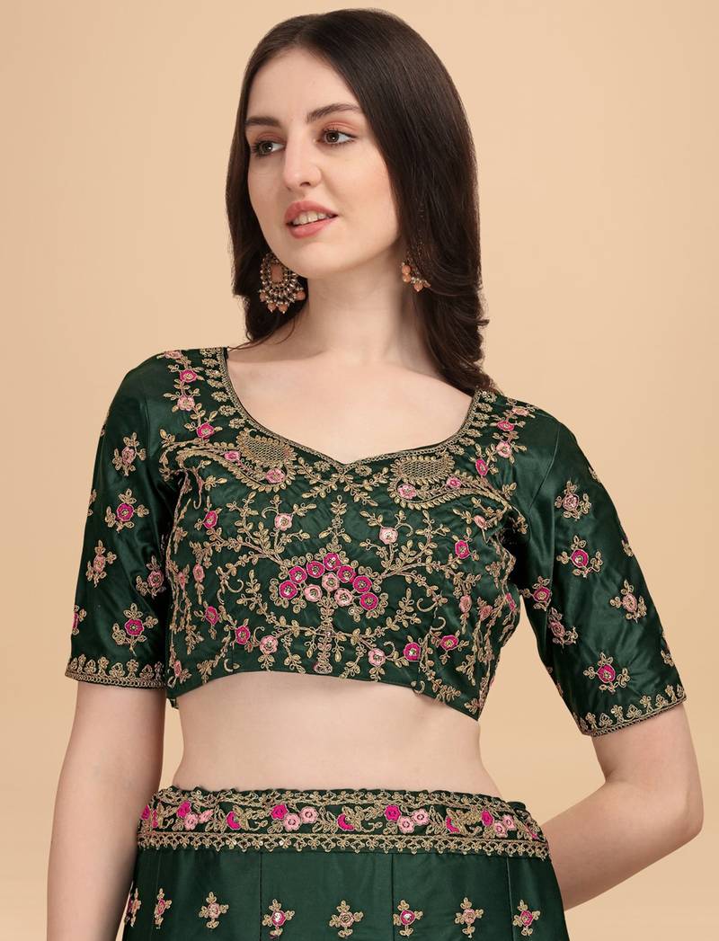 Green Sequins Thread Codding And Zari Embroidered Diamond Satin Silk Lehenga Choli For Bride