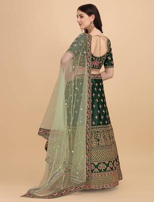 Green Sequins Thread Codding And Zari Embroidered Diamond Satin Silk Lehenga Choli For Bride 4