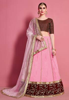 Baby-pink zari and sequins embroidered party wear Silk Lehenga 1