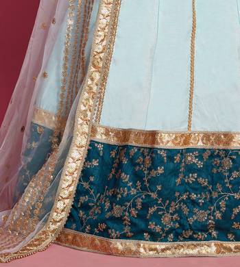 Sea-green zari and sequins embroidered art Silk Semi Stitched wedding Lehenga 5