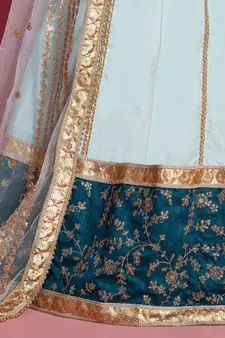 Sea-green zari and sequins embroidered art Silk Semi Stitched wedding Lehenga