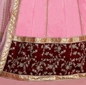 Baby-pink zari and sequins embroidered party wear Silk Lehenga 5