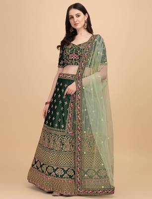 Green Sequins Thread Codding And Zari Embroidered Diamond Satin Silk Lehenga Choli For Bride 5
