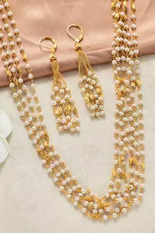 Indian Royal Premium Pearl Chain Multi Layered Necklace set with Matching Earrings