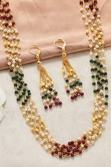 Indian Royal Premium Pearl Chain Multi Layered Necklace set with Matching Earrings