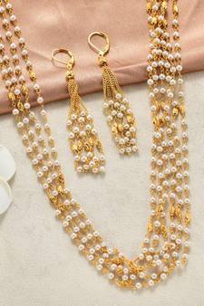 Indian Royal Premium Pearl Chain Multi Layered Necklace set with Matching Earrings