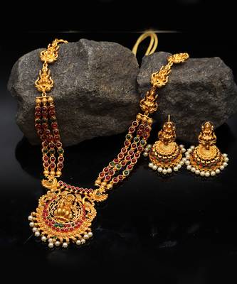 Temple Jewellery Laxmi Pendant Necklace Set With Earrings For Women 1