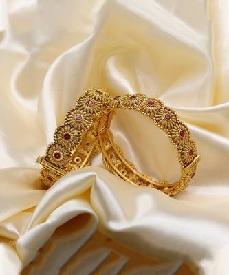 Gold Plated Ruby Stone Studded Designer Bangle Set Of 2 1