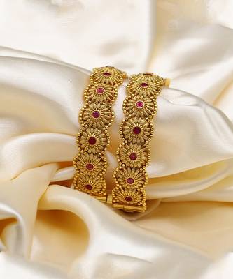 Gold Plated Ruby Stone Studded Designer Bangle Set Of 2 2