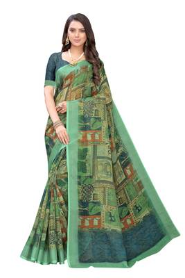 Green printed linen saree with blouse 1