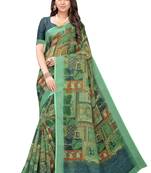 Green printed linen saree with blouse