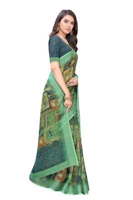 Green printed linen saree with blouse 2