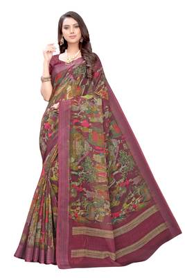 Pink printed linen saree with blouse 1