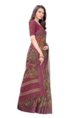 Pink printed linen saree with blouse 2