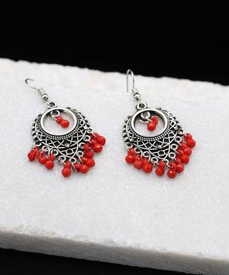 Silver Oxidized Chandbali Red Bead Earrings 1