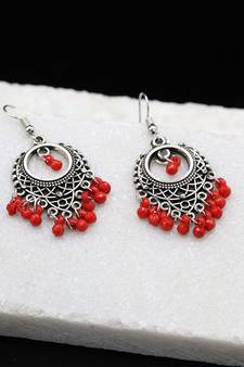 Silver Oxidized Chandbali Red Bead Earrings