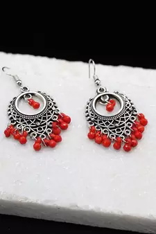 Silver Oxidized Chandbali Red Bead Earrings