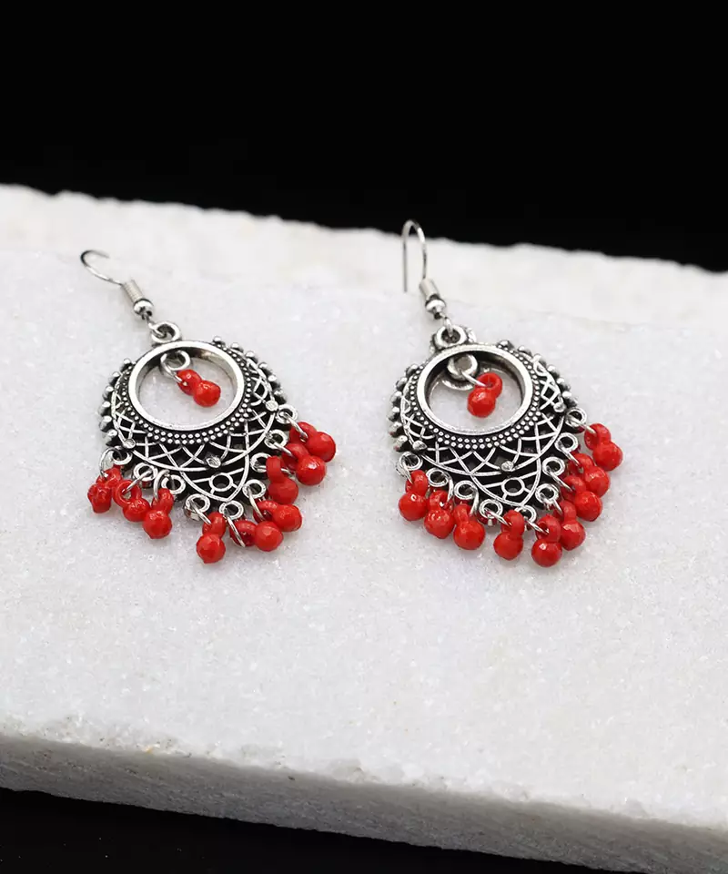 Silver Oxidized Chandbali Red Bead Earrings