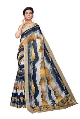 Navy blue printed linen saree with blouse 1