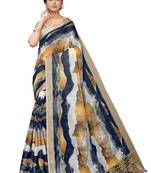 Navy blue printed linen saree with blouse