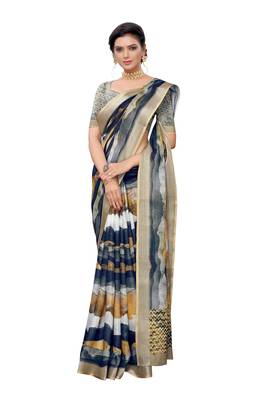 Navy blue printed linen saree with blouse 2
