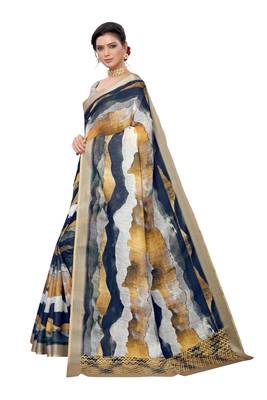 Navy blue printed linen saree with blouse 3