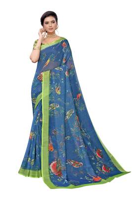 Blue printed linen saree with blouse 1
