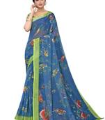 Blue printed linen saree with blouse