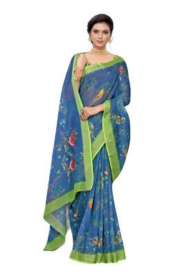 Blue printed linen saree with blouse 2