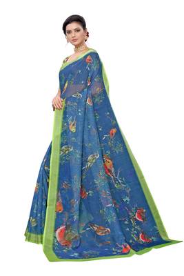 Blue printed linen saree with blouse 3